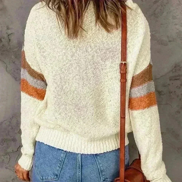 Women's Chevron crewneck Sweater Casual Long Sleeve Knitwear granola colorblock - Picture 3 of 8